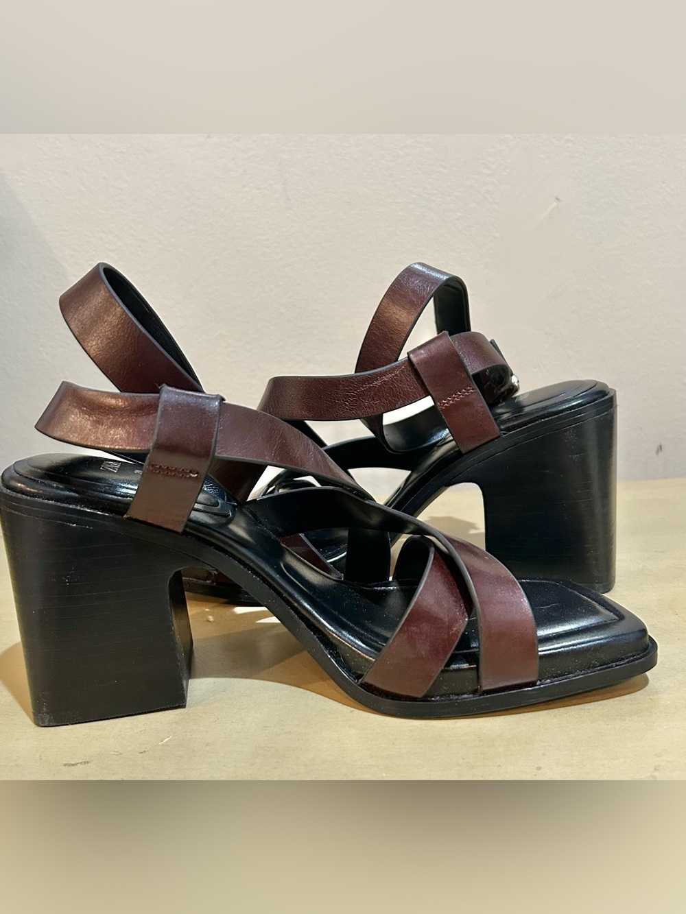 Zara Dark Brown Strappy Leather Block Heel Sandals
